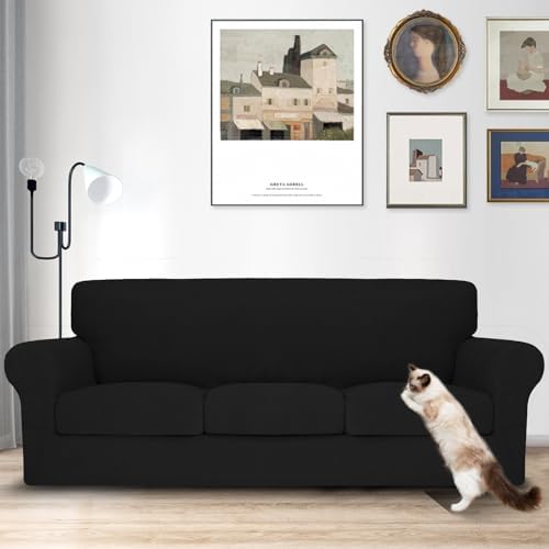 MAXIJIN 4 Piece Couch Covers for 3 Cushion Couch Sofa Covers, Stretch Couch Slipcovers for Sofas with 3 Cushions, Thick 3 Seat Furniture Protector for Dogs Pet (71"-91", Black)