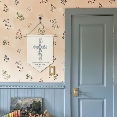 Wheatwin Christian Ocean Nursery Decor, Coastal Seashell Cross Bible Verse Wall Hanging Pennant Flag Banner, Ocean Wall Decor for Kids Nursery Toddler Room Bedroom Playroom 15x11 Inch