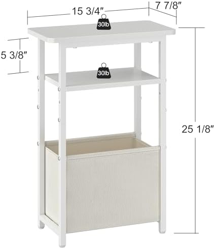 sthmec Narrow Side Table Set of 2, Skinny End Tables with Fabric Basket, Small Side Tables for Small Space,2-Tier Open Shelves with Basket, Slim Nightstands Set 2 for Bedroom,Livinroom,Office,White