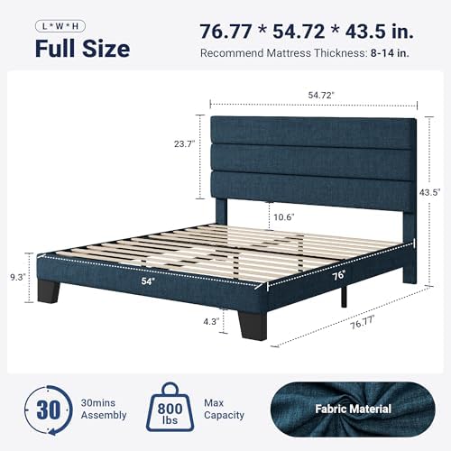 Allewie Full Size Platform Bed Frame with Fabric Upholstered Headboard Blue