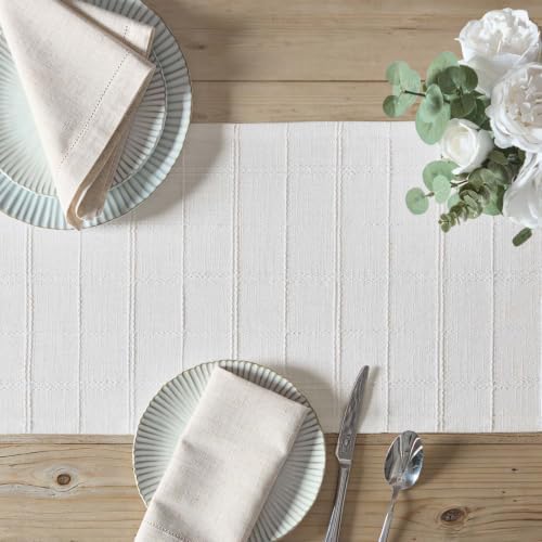ZeeMart Linen Checked Farmhouse Table Runner, 13x60 Inches Bright White
