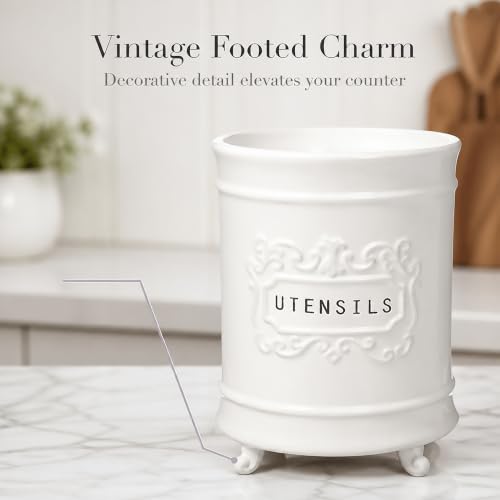 Mud Pie Circa Ceramic Utensil Holder, Kitchen Countertop Crock, White