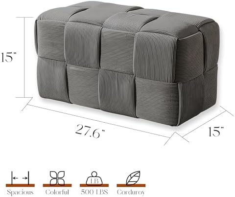 Cmishe 28" Rectangular Woven Corduroy Ottoman Footrest - Large Modern Entryway Bench & Bed End Stool, Sturdy Wood Frame, No Assembly (Grey-L)