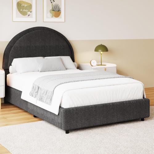 REVOMINCA Twin Size Bed Frame, Boucle Upholstered Platform Bed with Headboard, Cloud Bed Frame with Soft Rounded Corners, No Box Spring Required, Easy Assembly, Dark Grey