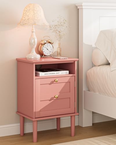 Nightstand, Boho Night Stand with 1 Drawers, Modern Side Accent Table with Open Shelf, Wooden Top Bedside End Table for Bedroom, Living Room, Pink