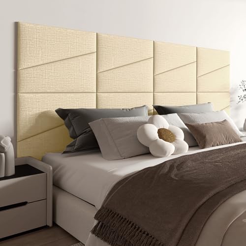 Peel and Stick Headboard for King Bed Linen Fabric Upholstered Wall Mounted Headboard - Wall Padding Panel in Beige for Bedroom/Living Room/Dorm (8 Panels)
