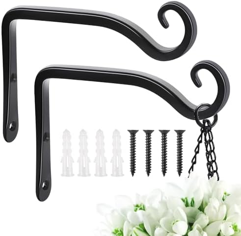 FEED GARDEN Heavy Duty Plant Hooks - 2 Pack 6 Inch Wall Mounted Hanging Brackets, 44lb Capacity Steel Plant Hangers for Bird Feeders, Baskets, Wind Chimes - Black