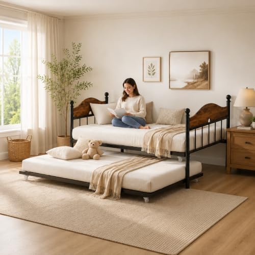 Garvee Twin Daybed with Trundle, Twin Bed Frame with with Stylish Headboard, Heavy Duty Steel Slats Platform for Living Room, Bedroom, Brown