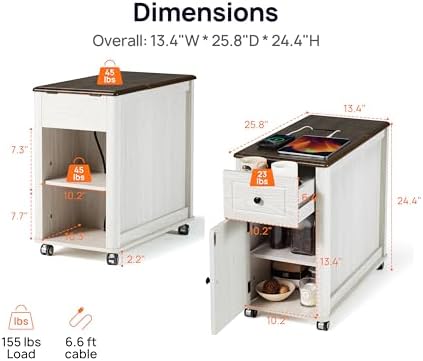 Rolling End Table with Wheels&Charging Station,Side Table with Drawer,White