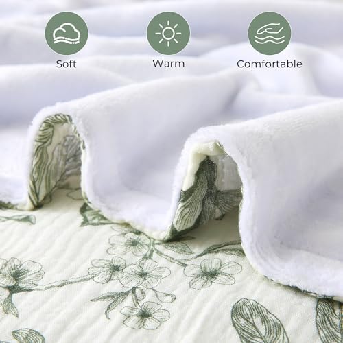 Muslin Blankets for Adults Reversible Throw Fleece & Gauze, Soft Cozy Lightweight Breathable Green Floral Blanket for Bed Couch, Double Layer Muslin Throw Cover 50"x70"