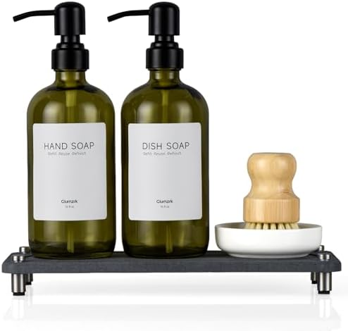 2 Pack Kitchen Soap Dispenser Set - 16oz Green Glass Dish and Hand Soap Dispenser with Stainless Steel Pump, Instant Dry Tray, Dish Brush & Holder, Refillable Countertop Sink Decor for Kitchen & Bath