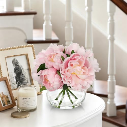 Hollyone Pink Peonies Artificial Flowers with Glass Vase Medium 7.8inch Faux Peonies Look Real Peony Fake Flowers Silk Flower Arrangements with Faux Water for Wedding Table Centerpiece Home Decor