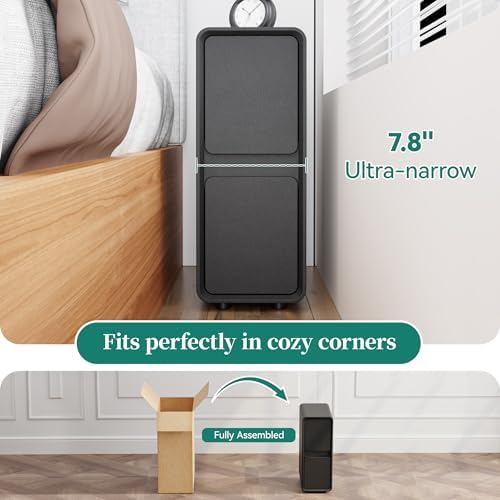 7.8" W Leather Narrow Nightstand Set of 2, Modern Fully-Assembled Bedside Table with 2 Drawers, White Night Stand Small Accent End Table & Side Table for Bedroom, Black