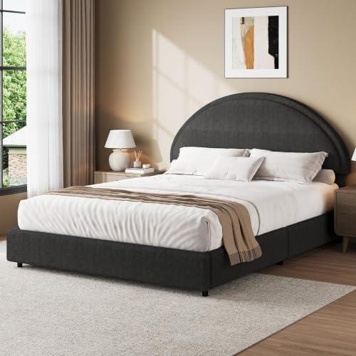 REVOMINCA Queen Bed Frame, Boucle Upholstered Platform Bed Frame with Headboard, Soft Platform Bed with Round Corner, No Box Spring Required, Easy Assembly, Dark Grey