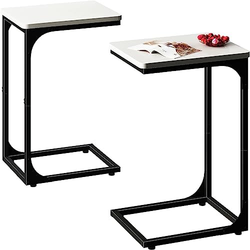 QEEIG C Shaped End Table Side Tables for Couch Set of 2, White & Black