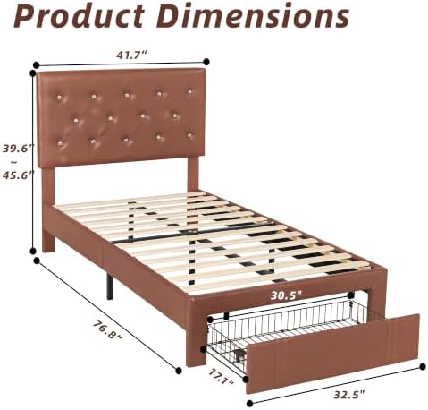 VECELO Twin Size Bed Frame with Storage Drawers, Leather Upholstered with Diamond Tufted Headboard, Solid Wood Slat Support, No Box Spring Needed, PU & Brown