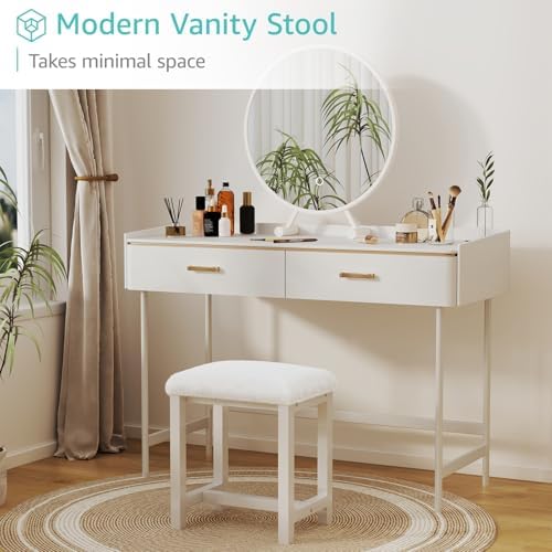 Small Plush Vanity Stool, Cute Vanity Stools with Soft Faux Rabbit Fur Cushion, White Makeup Vanity Chair for Small Spaces, Living Room, Bedroom, Entryway, Ottoman Foot Rest for Couch Sillas Modern