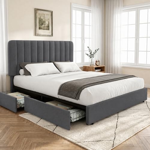 VECELO Full Size Upholstered Bed Frame with 4 Drawers and Headboard, Velvet Platform Storage Bedframe, Wooden Slats Support, No Box Spring Needed,Dark Grey