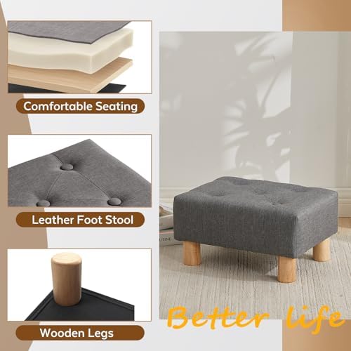 Small Foot Stool Ottoman, Linen Footstool Ottoman Foot Rest for Couch, Rectangle Footstools and Ottomans Small for Living Room, Entryway and Bedroom (Gray)
