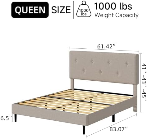 Queen Size Linen Bed Frame with Adjustable Headboard Beige