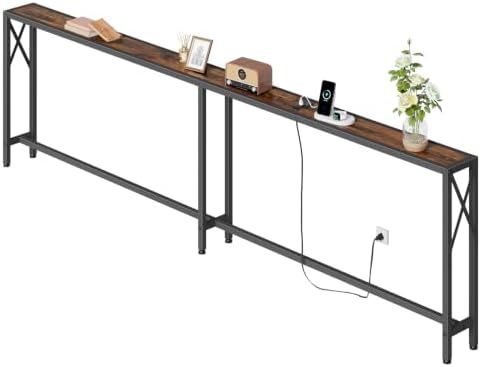 Gewudraw 102" Sofa Table Behind Couch & Socket-Narrow Console Table, Brown