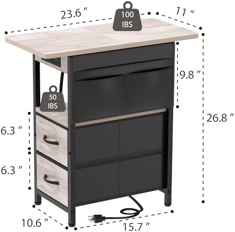 Yenlure Small Side Table with Charging Station, Narrow Nightstand Bedside Tables with Storage Pocket for Living Room Bedroom, Sofa End Table with USB Ports and Power Outlets for Small Spaces, Greige
