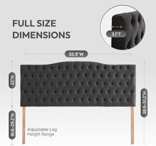 Iroomy Upholstered Full Headboard, Button Diamond Tufted Headboard with Adjustable Height and Solid Wood Leg, Velvet Padded Headboards for Full Size Bed, Modern Head Board, Dark Grey