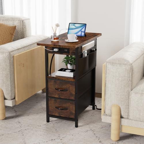 Yenlure Small Side Table with Charging Station, Narrow Nightstand Bedside Tables with Storage Pocket for Living Room Bedroom, Sofa End Table with USB Ports and Power Outlets for Small Spaces