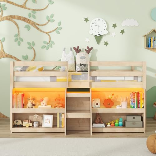 GIANTEX Low Loft Bed with LED Lights, Wooden Twin Loft Bed with Stairs & Safety Guardrail, Loft Bed Twin Size with Storage Bookcase and Under-Bed Play Space, Loft Bed for Kids (Natural)