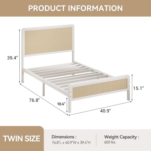 IMMERSTABLE Rattan Twin Bed Frame with Headboard, Boho Twin Metal Platform Bed Frame with Steel Slats, Under Bed Storage, Rounded Corners, No Box Spring Needed, Quiet Design, Easy Assembly, White