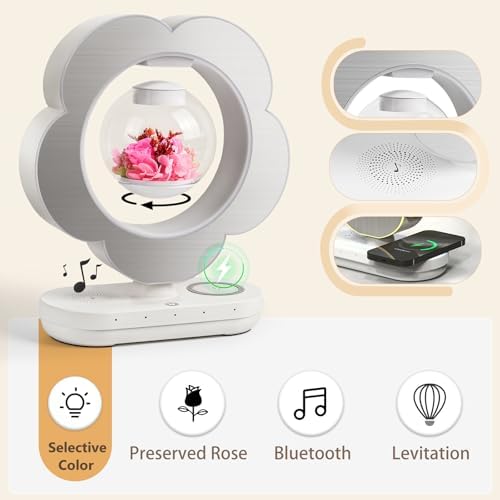 LoveLin Floral Preserved Rose Flowers with Bluetooth Speakers, 5W Magnetic Levitation Table Lamp with Variable Color LED Light, Unique Forever Flower Gift for Women, Girls, Mother and Grandma