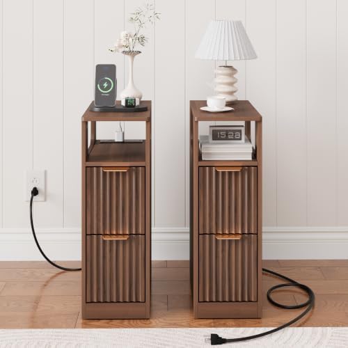 JUSTOGO Narrow Nightstand Set of 2, Fluted End Table with Charging Station