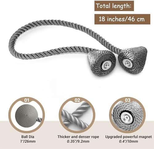 Hion Magnetic Curtain Tiebacks Grey 2pcs, Curtain Holdbacks Hooks Holders