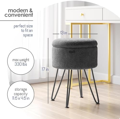 Round Ottoman with Storage, Boucle Storage Ottoman, Foot Stool Ottomans, Makeup Vanity Stool, Small Ottomans Foot Rest, Modern Vanity Stools for Living Room and Bedroom, Grey