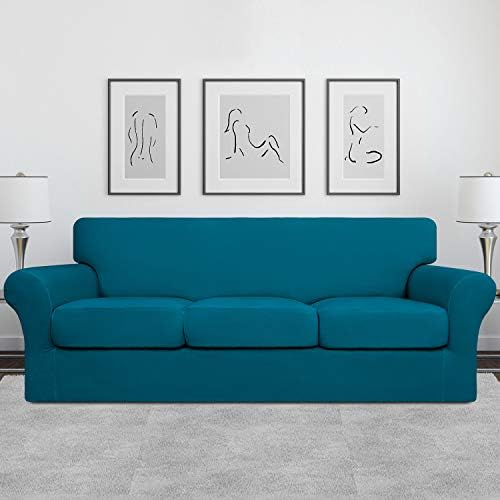 Easy-Going 4 Pieces Stretch Soft Couch Cover for Dogs - Washable Sofa Slipcover for 3 Separate Cushion Couch - Elastic Furniture Protector for Pets, Kids (Sofa, Peacock Blue, Large)