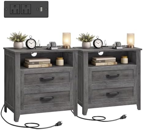 VASAGLE 23.6 inch Farmhouse Nightstands Set 2, Charging Station, 2 Drawers