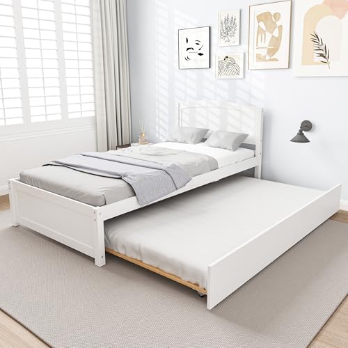 Twin Trundle Bed, Solid Wooden Pull Out Bedframe, Extendable Day Bed with Headboard and Soild Wood Slats Support, Bedroom, Living Room, Guest Room, No Box Spring Needed (White)