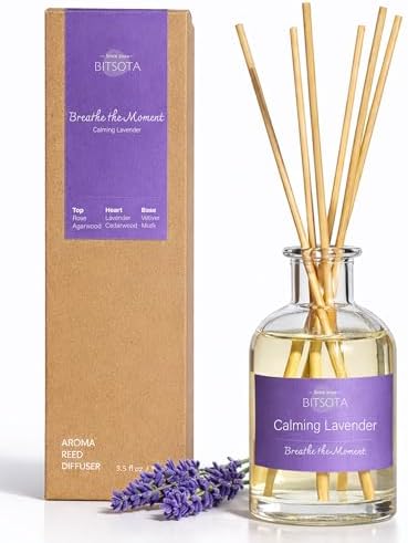 Natural Reed Diffuser Set, Calming Lavender 3.52 oz (100ml) Scented Diffuser with Sticks Home Fragrance Reed Diffuser for Bathroom Shelf Decor, Ideal Gift for Woman
