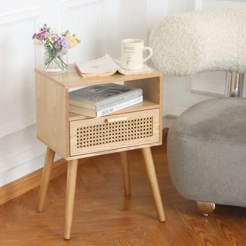 MaxSmeo Modern Nightstand Rattan Side End Table with Storage, for Living Room, Bedroom and Small Spaces, Accent Bedside Farmhouse Tables with Solid Wood Legs, Easy Assembly (Natural Walnut)