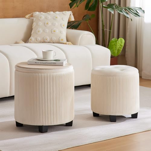 BLEXA Big Round Ottoman with Storage Set of 2, Velvet Makeup Vanity Stool