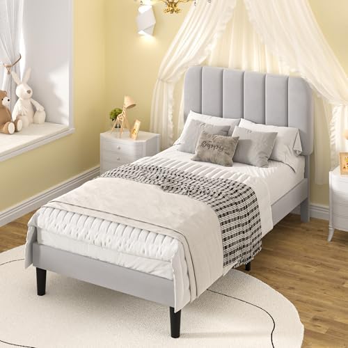 VECELO Twin Size Bed Frame with Upholstered Headboard, Velvet Platform Bedframe Mattress Foundation, Strong Wood Slat Support, No Box Spring Needed,Light Grey