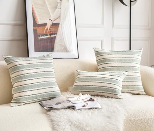 Cethom Decorative Boho Lumbar Throw Pillow Covers, Farmhouse Textured Pillow Case, 12 x 20 Inch Set of 2, Chair Sofa Bedroom Living Room Home Decor Couch Cushion Case, Green and Beige