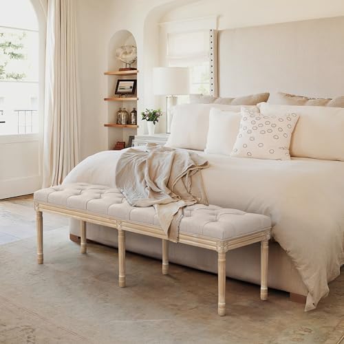 LUE BONA 60" Fabric End of Bed Bench, Upholstered Tufted French Bedroom Bench with Carved Legs for Bedroom End of King Size Bed, Living Room, Linen