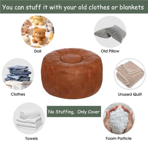 Thgonwid Unstuffed Moroccan Storage Pouf Foot Stool Ottoman Seat Handmade Faux Leather Bean Bag Floor Chair Foot Rest for Living Room, Bedroom or Balcony (Light Brown)