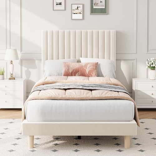 Twin Bed Frame with Adjustable Headboard, Velvet Upholstered Platform Bed