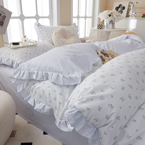 Blue Floral Duvet Cover Twin 100% Cotton with Ruffle, Teen Girls Flower Comforter Cover with Zipper Closure, 3 Pcs Romantic Aesthetic Bedding Sets 68"x86"