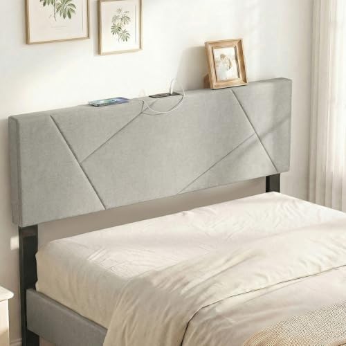 Giantex Headboard with Charging Station, Queen/Full Size Geometric Tufted Upholstered Head Board w/2 AC Outlets, USB & Type-C Ports, Rubber Wood Legs, Width Adjustable Modern Bed Headboard Only (Grey)