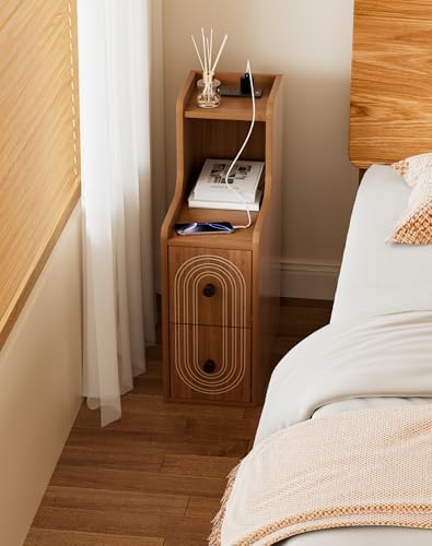 Set of 2 Narrow End Table with Charging Station, Walnut Skinny Bedside Tables with Storage Drawers, Small Side Tables for Small Spaces, Bedroom