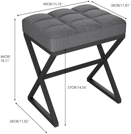 YMYNY Vanity Stool, Linen Footrest, Ottoman Bench with X-Shaped Metal Legs, Makeup Dressing Stool for Vanity, Living Room, Bedroom, Entryway, Hallways 15.74" D×11.81" W×18.11" H Grey UHBD033G