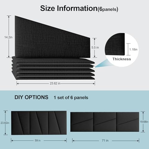 Fabric Upholstered Wall Mounted Headboard for Queen Bed Panels: Stick-On Headboard in Matte Black - Soundproof Padding for Bedroom & Living Room (6 Panels)